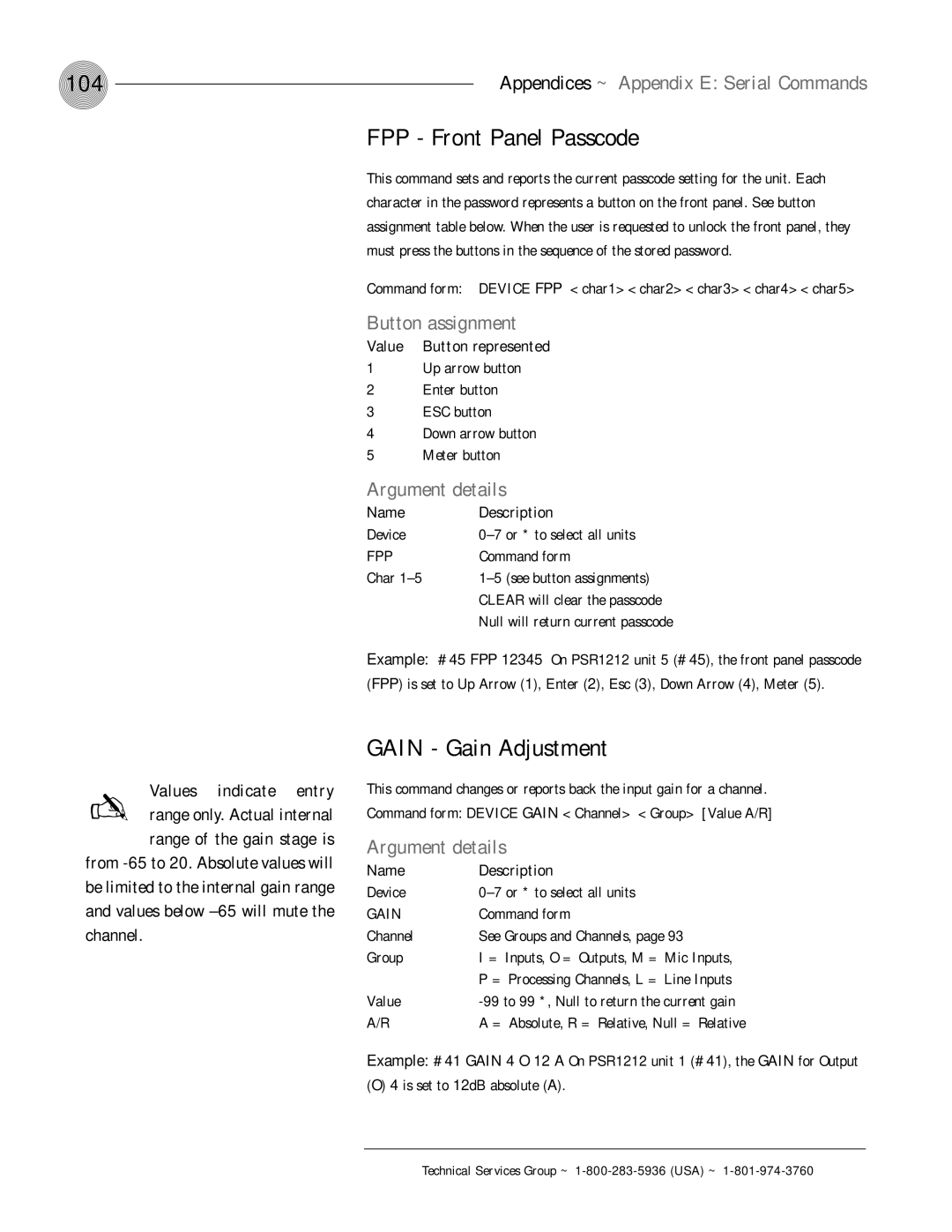 ClearOne comm PSR1212 104, FPP Front Panel Passcode, Gain Gain Adjustment, Button assignment, Value Button represented 