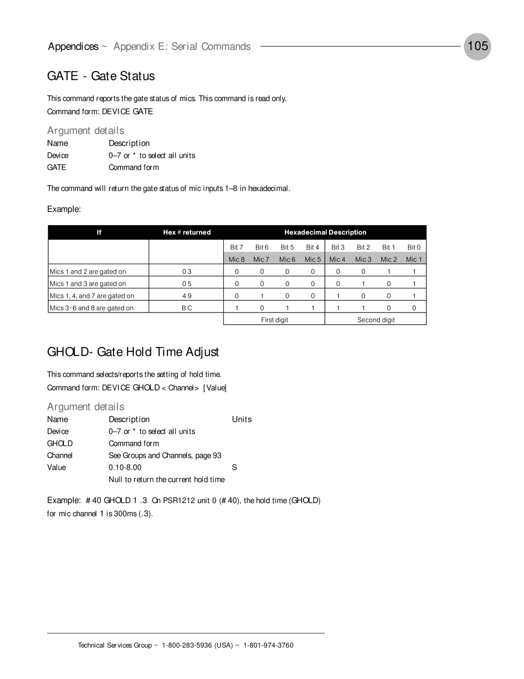 ClearOne comm PSR1212 operation manual 105, Gate Gate Status, GHOLD- Gate Hold Time Adjust, Example 