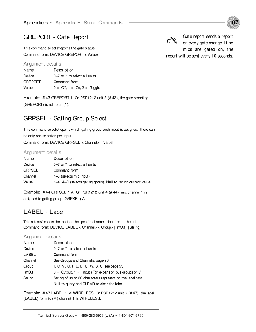 ClearOne comm PSR1212 operation manual Greport Gate Report, Grpsel Gating Group Select, Label Label, 107 