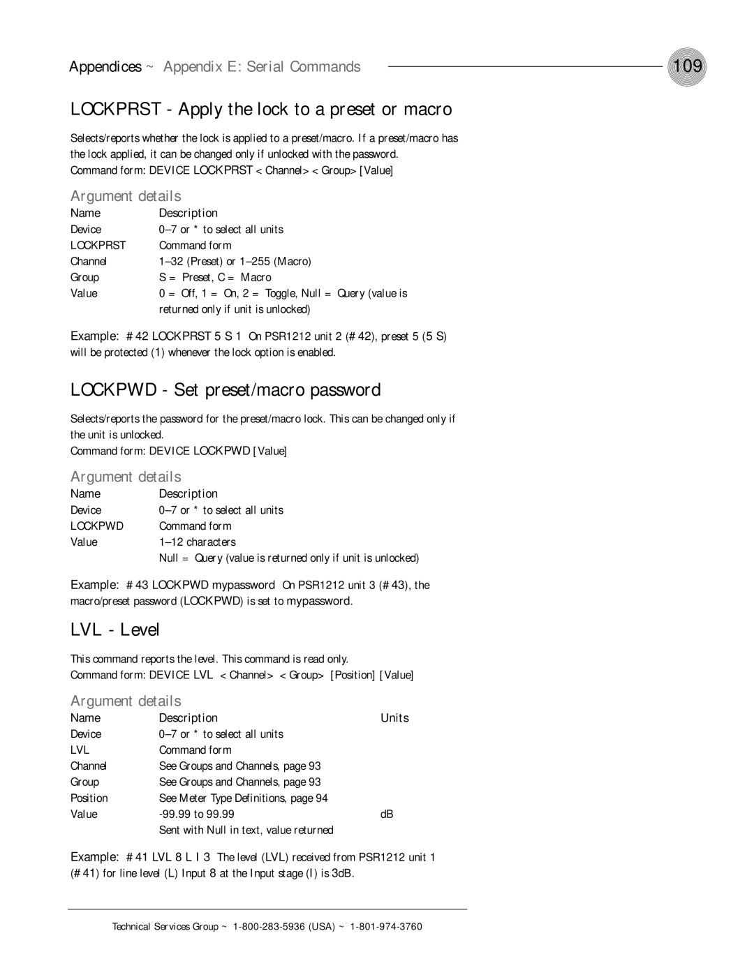 ClearOne comm PSR1212 109, Lockprst Apply the lock to a preset or macro, Lockpwd Set preset/macro password, LVL Level 