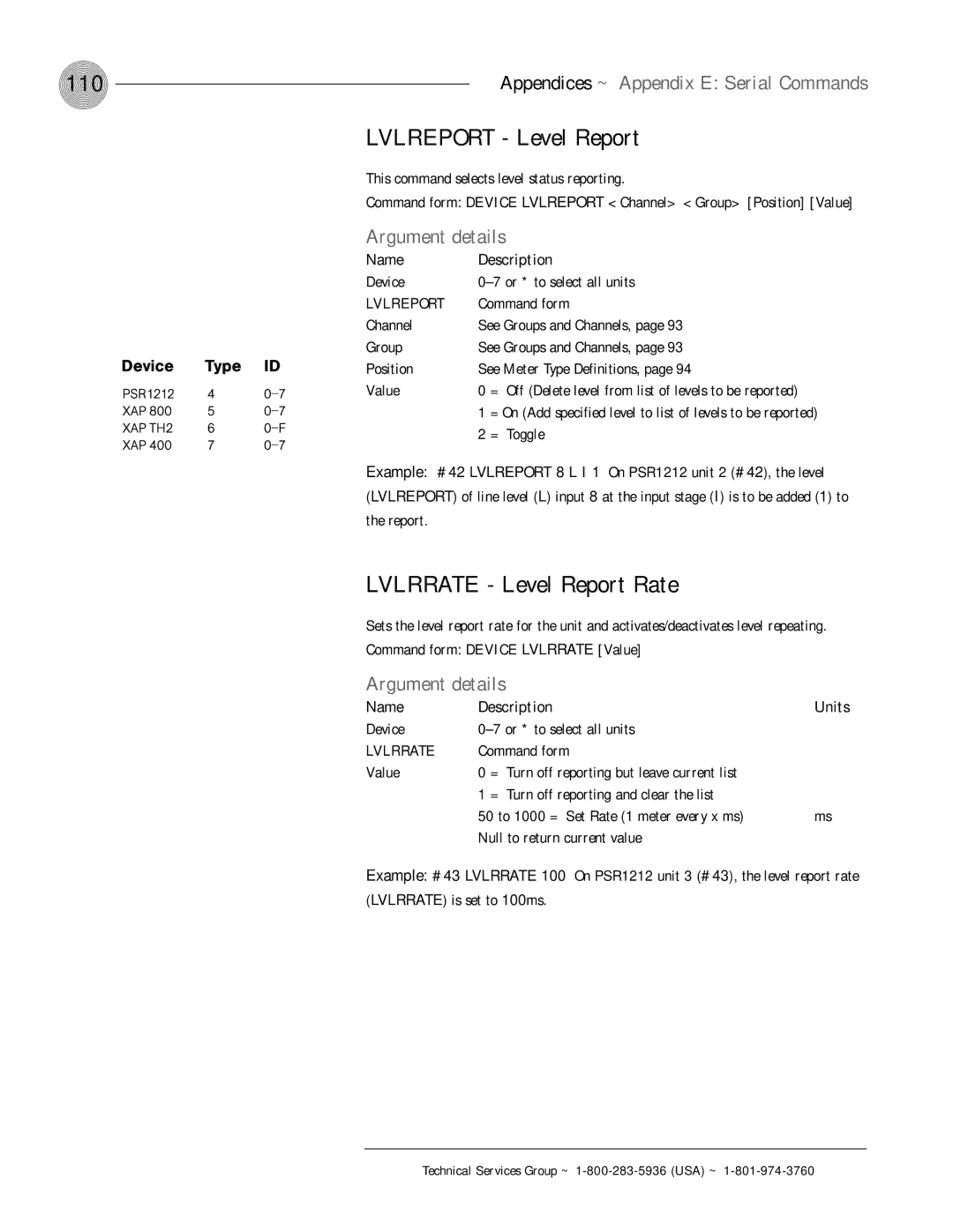 ClearOne comm PSR1212 operation manual 110, Lvlreport Level Report, Lvlrrate Level Report Rate, = Toggle 