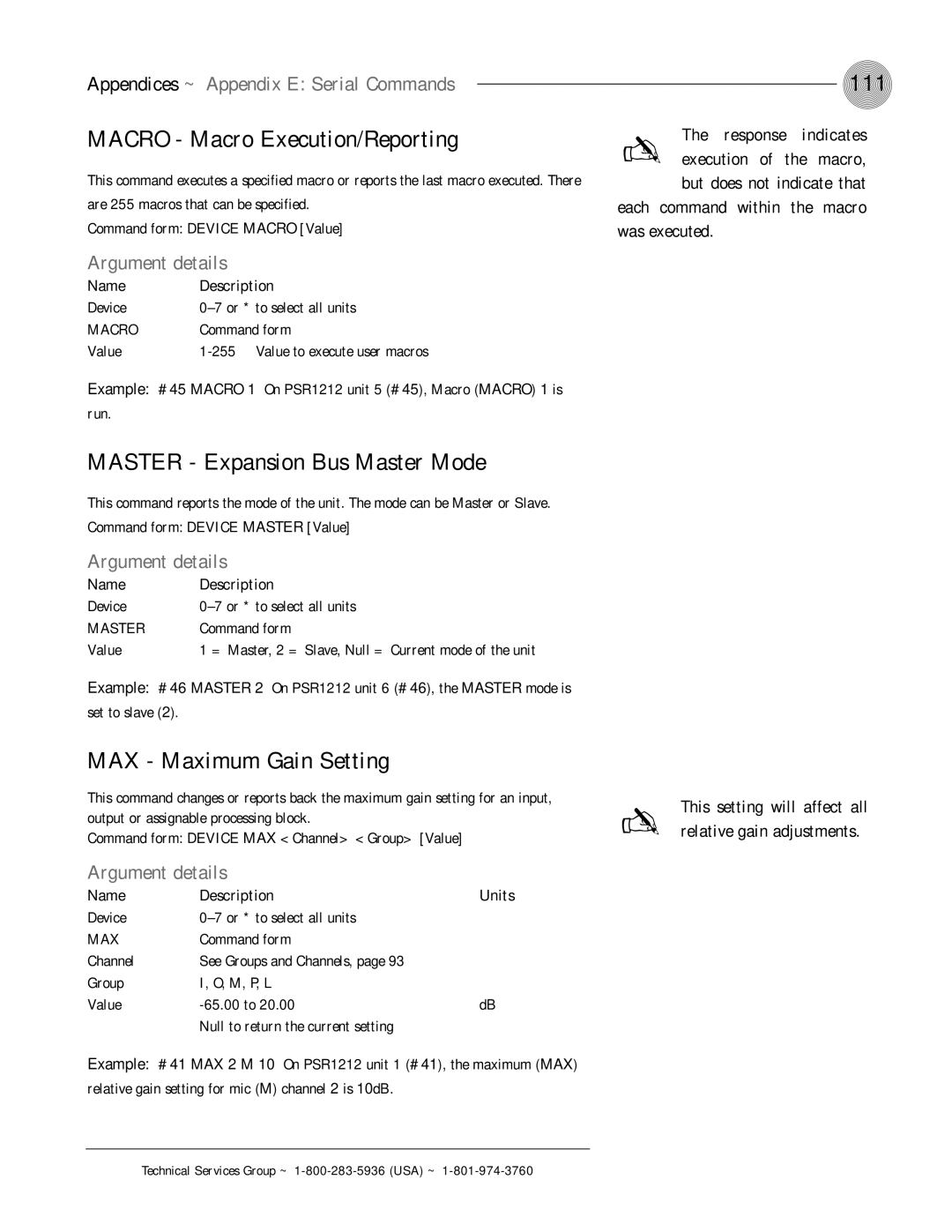 ClearOne comm PSR1212 Macro Macro Execution/Reporting, Master Expansion Bus Master Mode, 111, MAX Maximum Gain Setting 