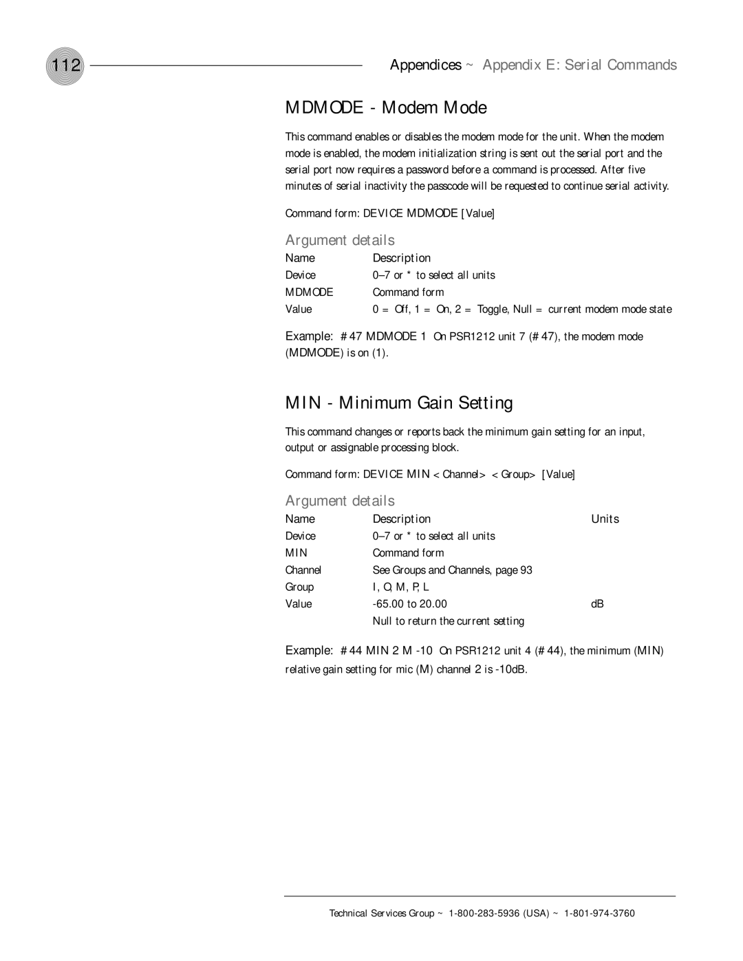 ClearOne comm PSR1212 operation manual 112, Mdmode Modem Mode, MIN Minimum Gain Setting 