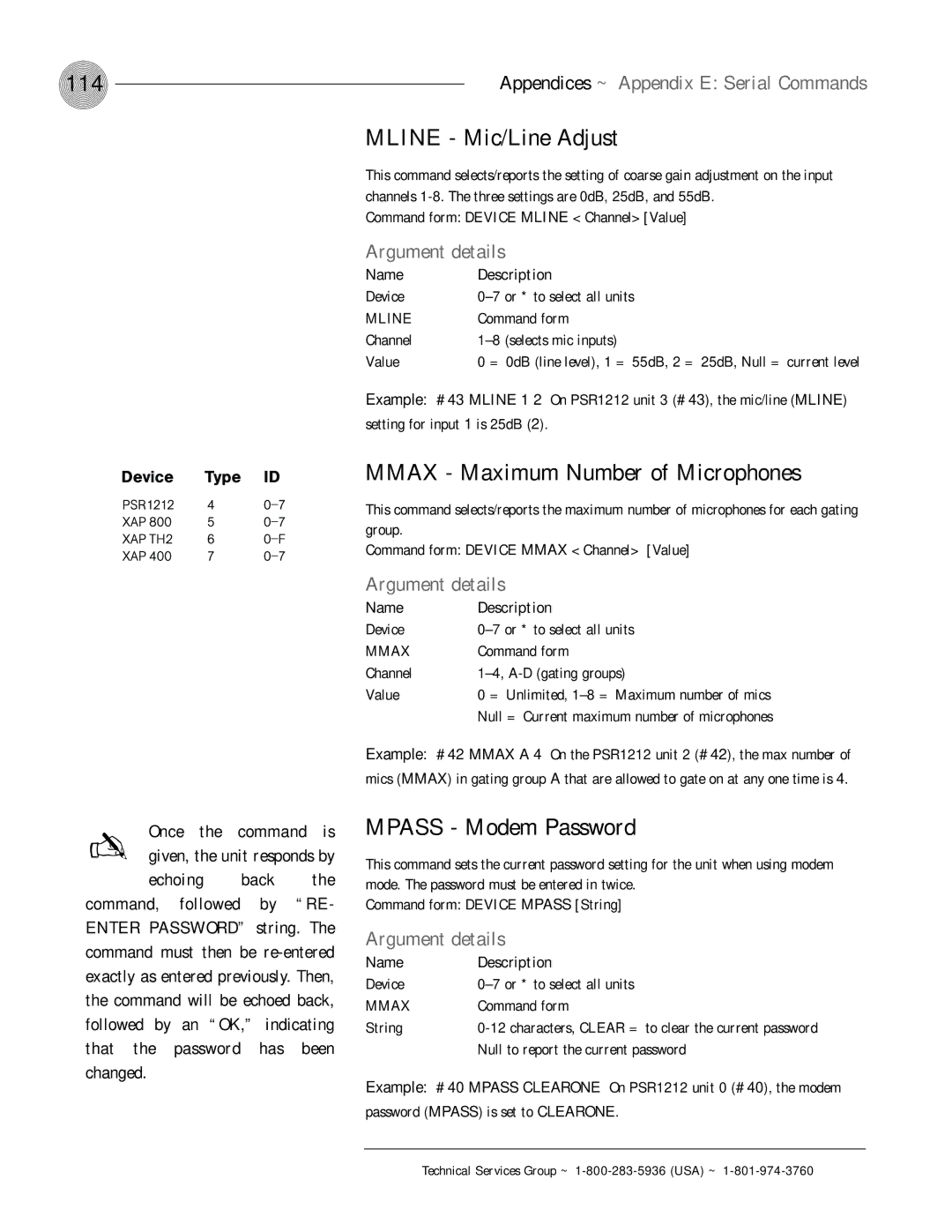 ClearOne comm PSR1212 operation manual 114, Mline Mic/Line Adjust, Mmax Maximum Number of Microphones, Mpass Modem Password 