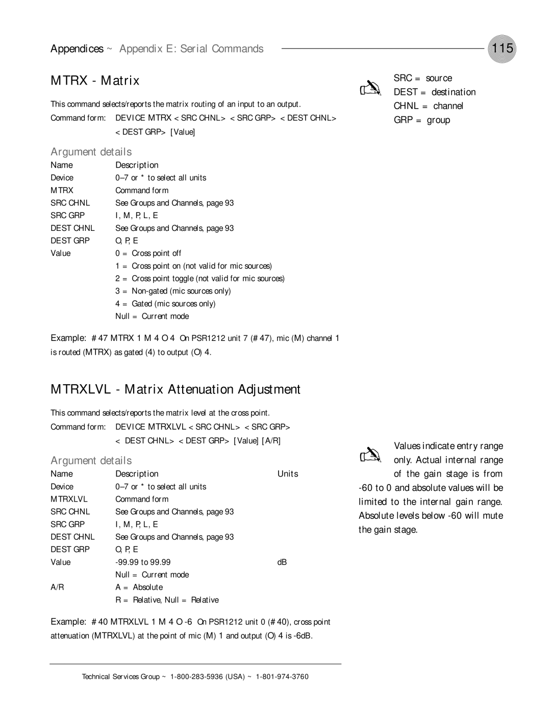 ClearOne comm PSR1212 operation manual 115, Mtrx Matrix, Mtrxlvl Matrix Attenuation Adjustment 