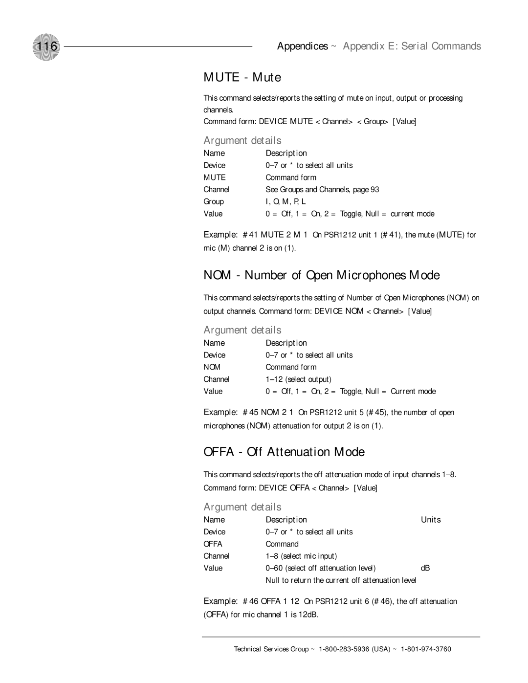 ClearOne comm PSR1212 operation manual 116, Mute Mute, NOM Number of Open Microphones Mode, Offa Off Attenuation Mode 