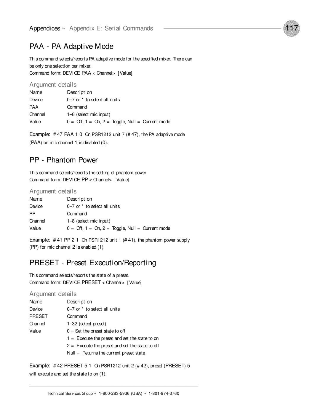 ClearOne comm PSR1212 operation manual 117, PAA PA Adaptive Mode, PP Phantom Power, Preset Preset Execution/Reporting 