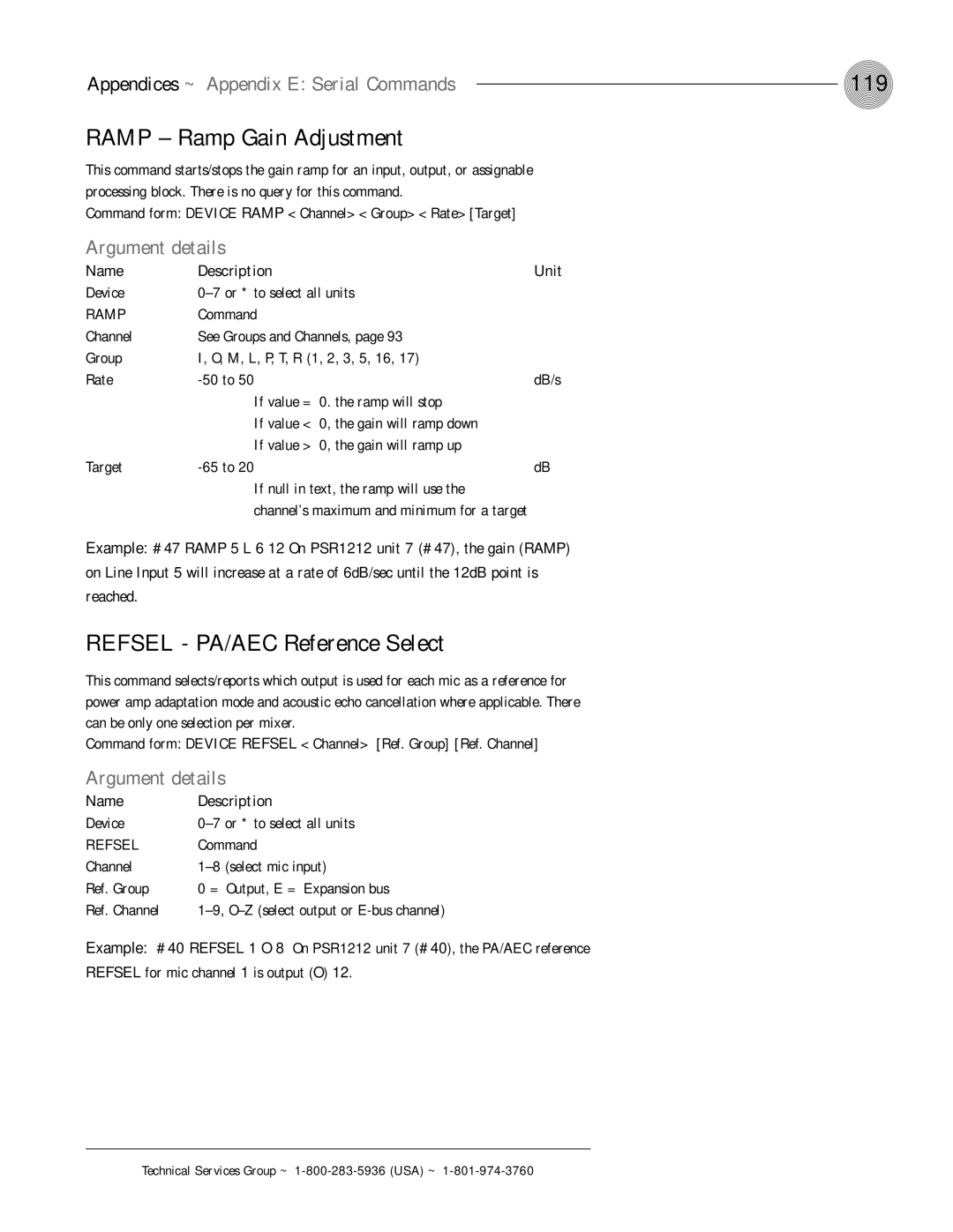 ClearOne comm PSR1212 119, Ramp Ramp Gain Adjustment, Refsel PA/AEC Reference Select, Name Description Unit 