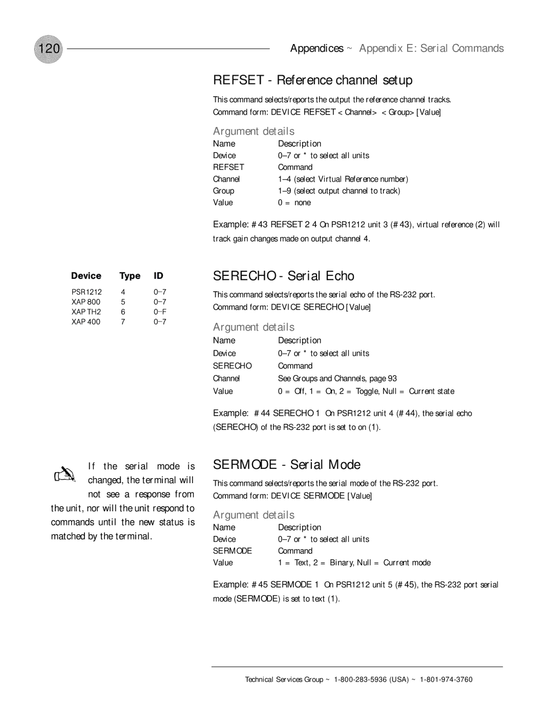 ClearOne comm PSR1212 operation manual 120, Refset Reference channel setup, Serecho Serial Echo, Sermode Serial Mode 