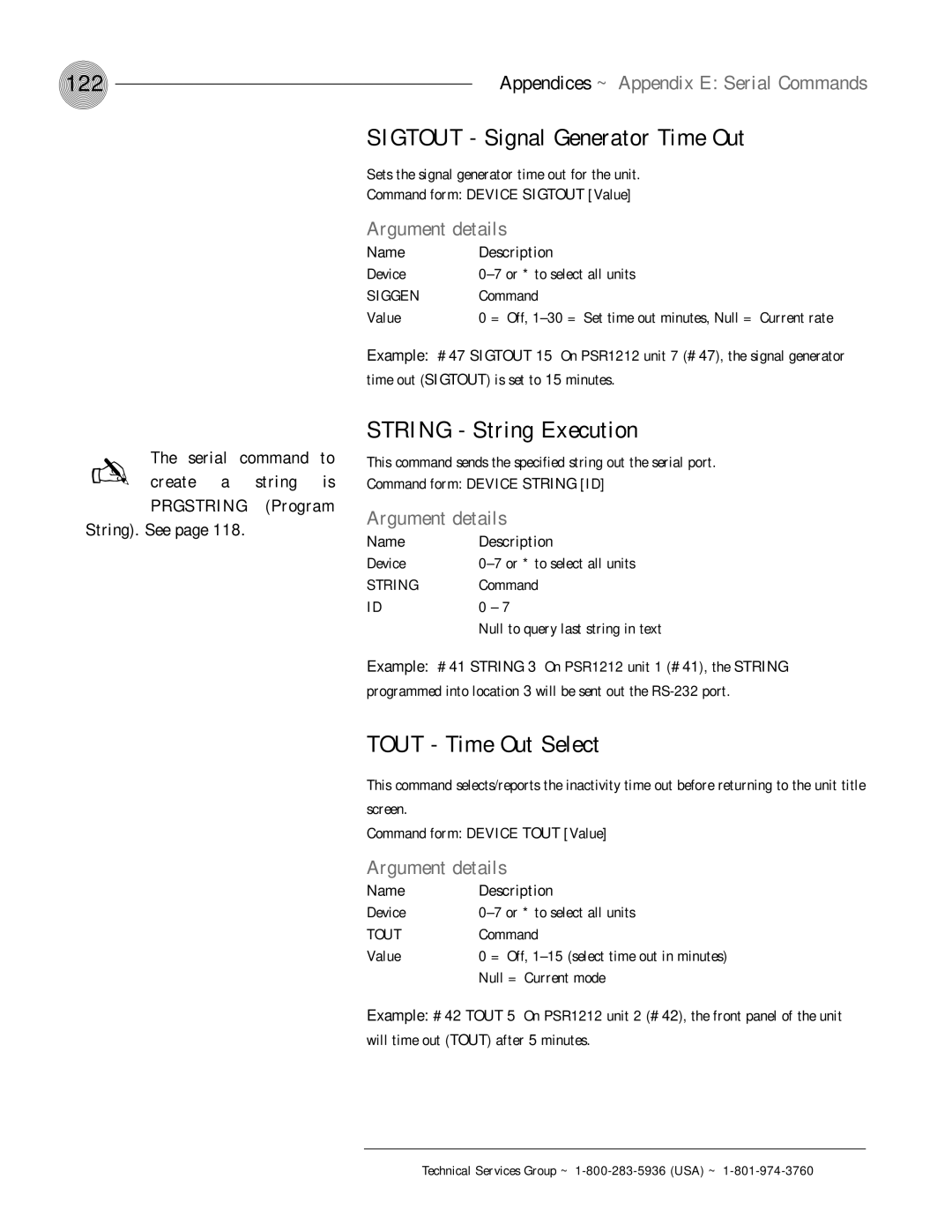 ClearOne comm PSR1212 122, Sigtout Signal Generator Time Out, String String Execution, Tout Time Out Select 