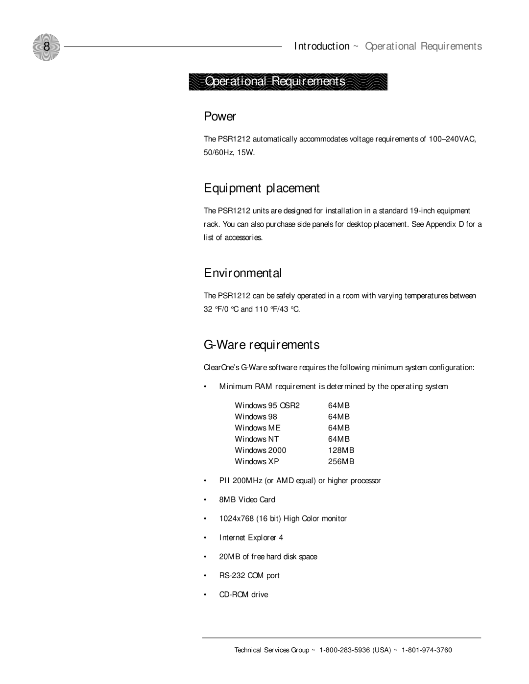 ClearOne comm PSR1212 Operational Requirements, Power, Equipment placement, Environmental, Ware requirements 