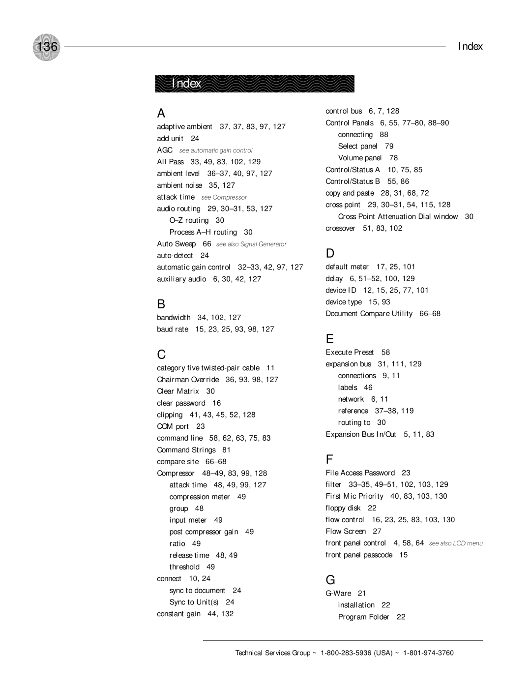 ClearOne comm PSR1212 operation manual 136, Index 