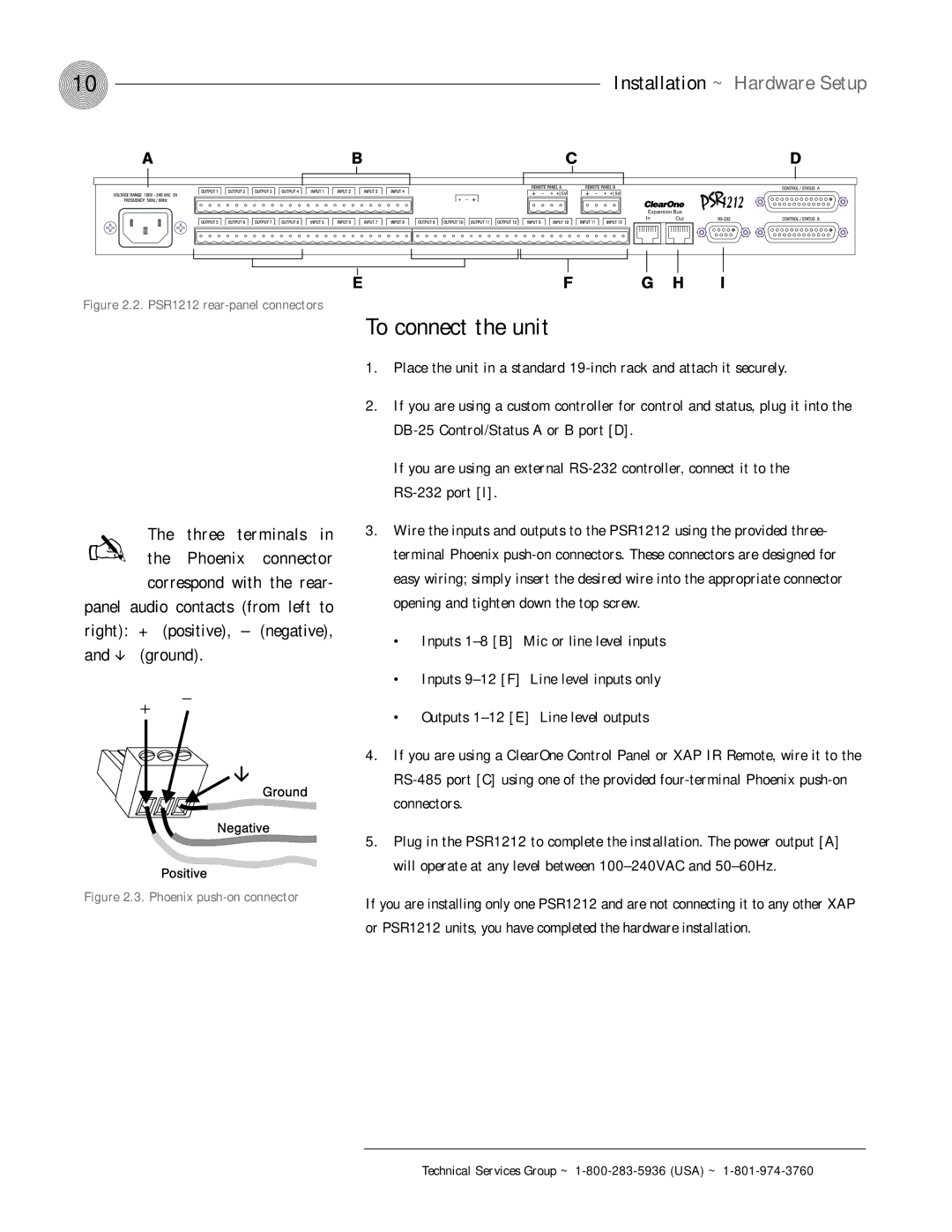 ClearOne comm PSR1212 operation manual To connect the unit, Installation ~ Hardware Setup 