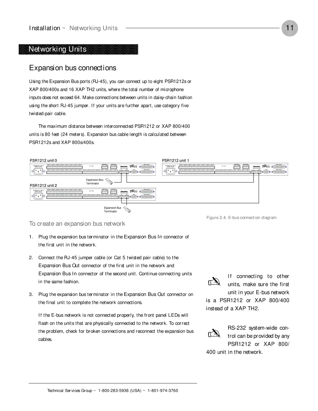 ClearOne comm PSR1212 Expansion bus connections, Installation ~ Networking Units, To create an expansion bus network 