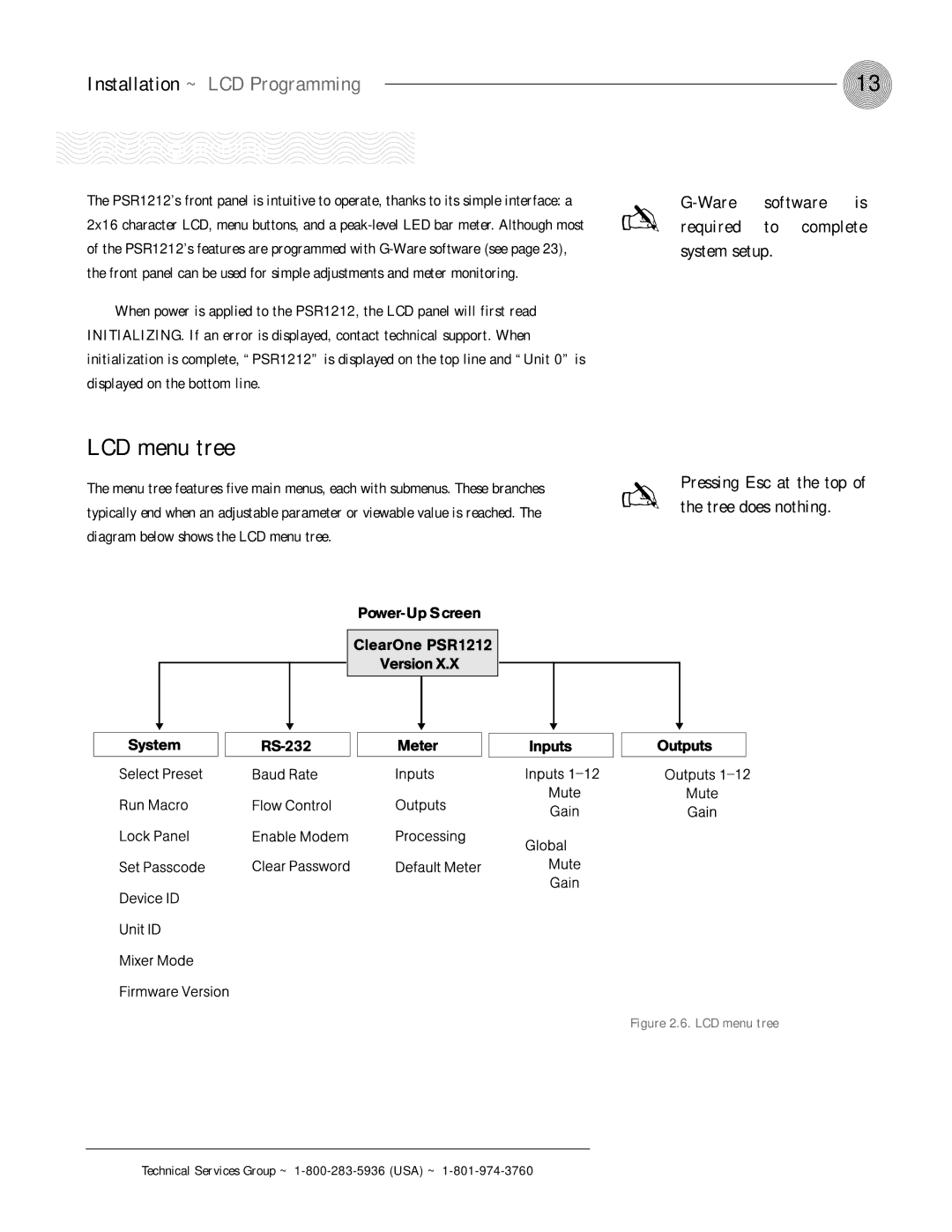 ClearOne comm PSR1212 LCD menu tree, Installation ~ LCD Programming, Pressing Esc at the top of the tree does nothing 