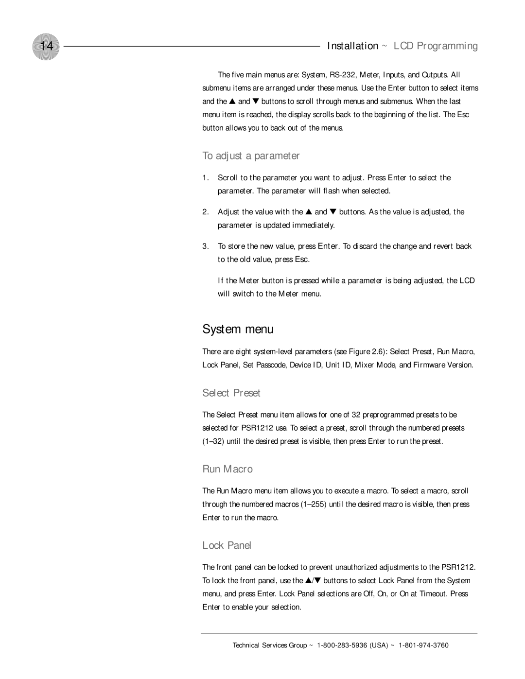 ClearOne comm PSR1212 operation manual System menu, To adjust a parameter, Select Preset, Run Macro, Lock Panel 