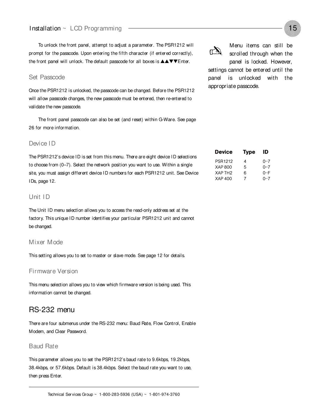 ClearOne comm PSR1212 operation manual RS-232 menu 