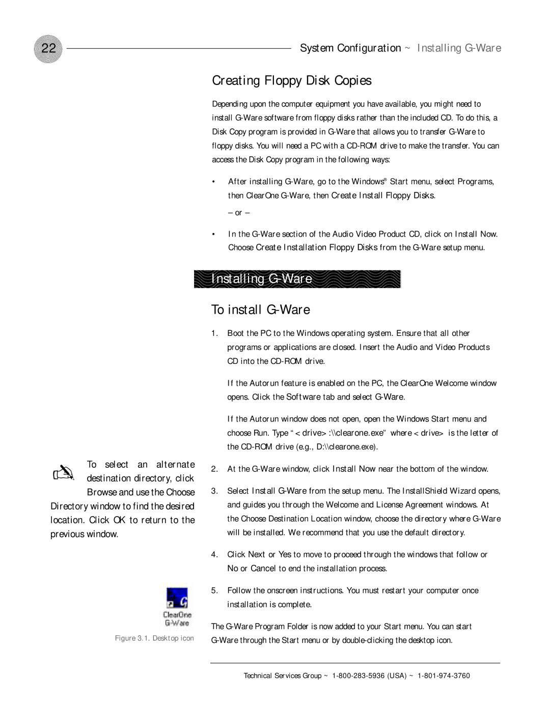 ClearOne comm PSR1212 operation manual Creating Floppy Disk Copies, Installing G-Ware, To install G-Ware 