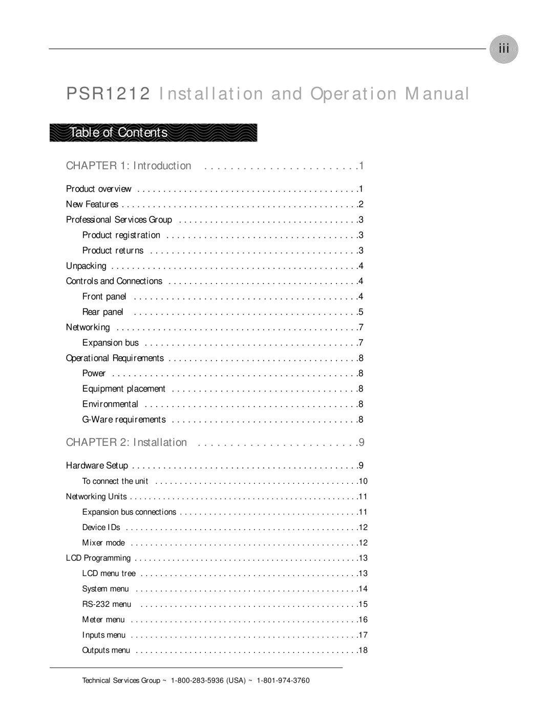 ClearOne comm PSR1212 operation manual Table of Contents 