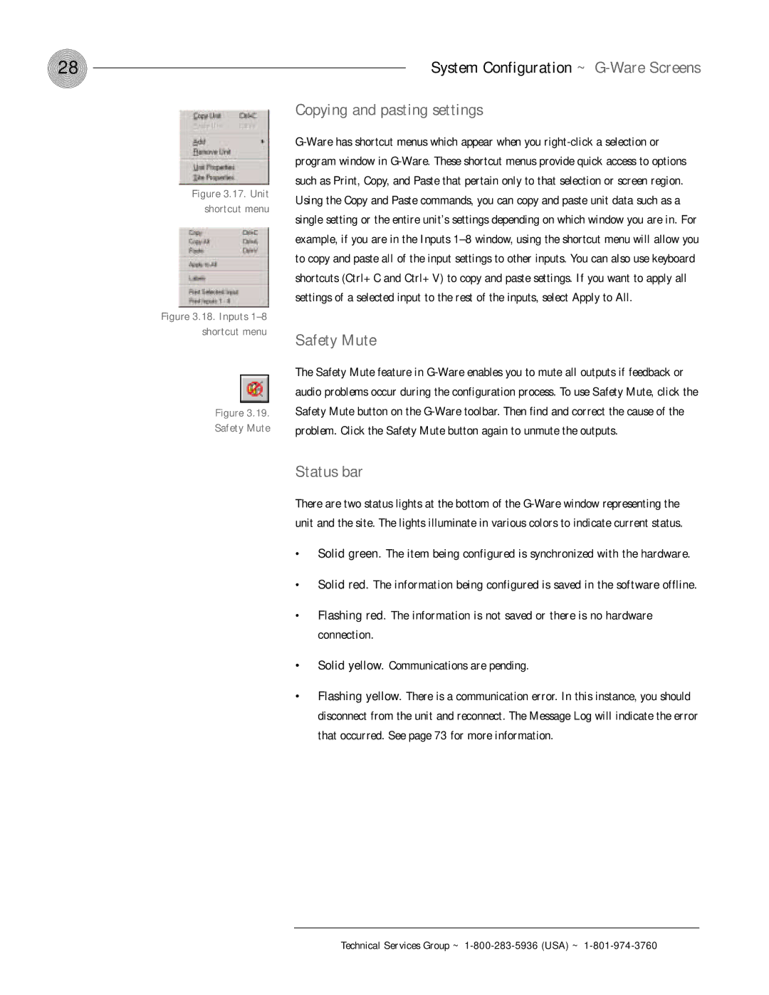 ClearOne comm PSR1212 operation manual Copying and pasting settings, Safety Mute, Status bar 