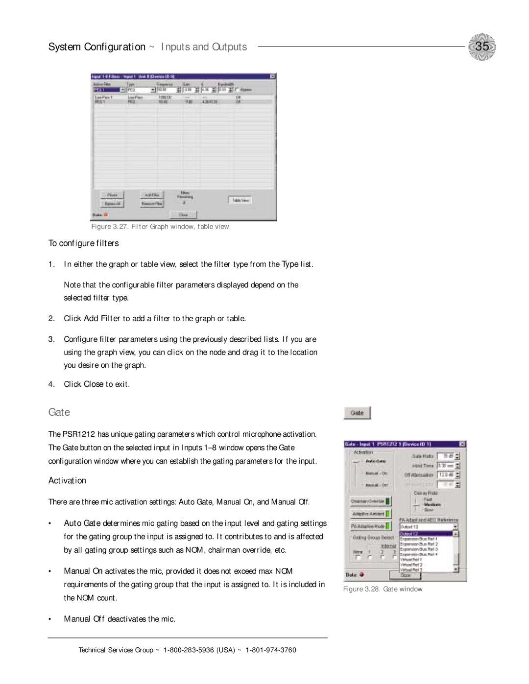 ClearOne comm PSR1212 operation manual Gate, To configure filters, Activation, NOM count Manual Off deactivates the mic 