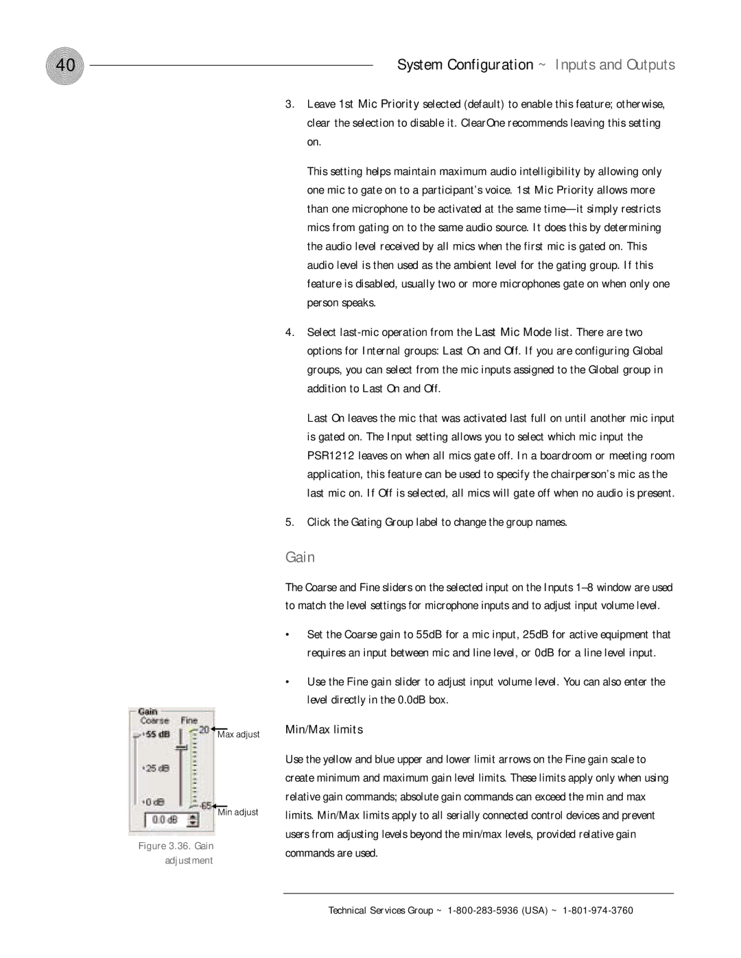 ClearOne comm PSR1212 operation manual Click the Gating Group label to change the group names, Min/Max limits 