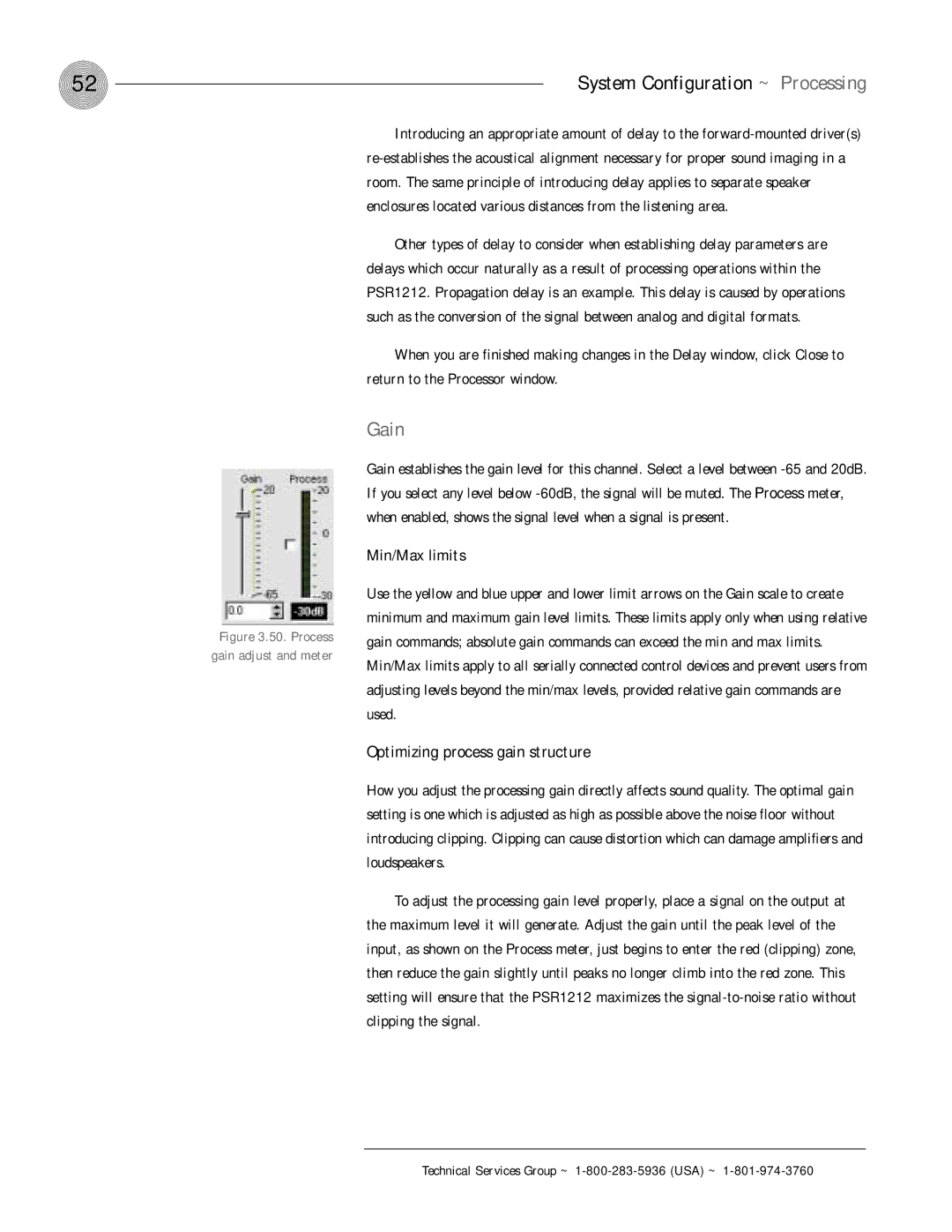 ClearOne comm PSR1212 operation manual Optimizing process gain structure, Process Gain adjust and meter 