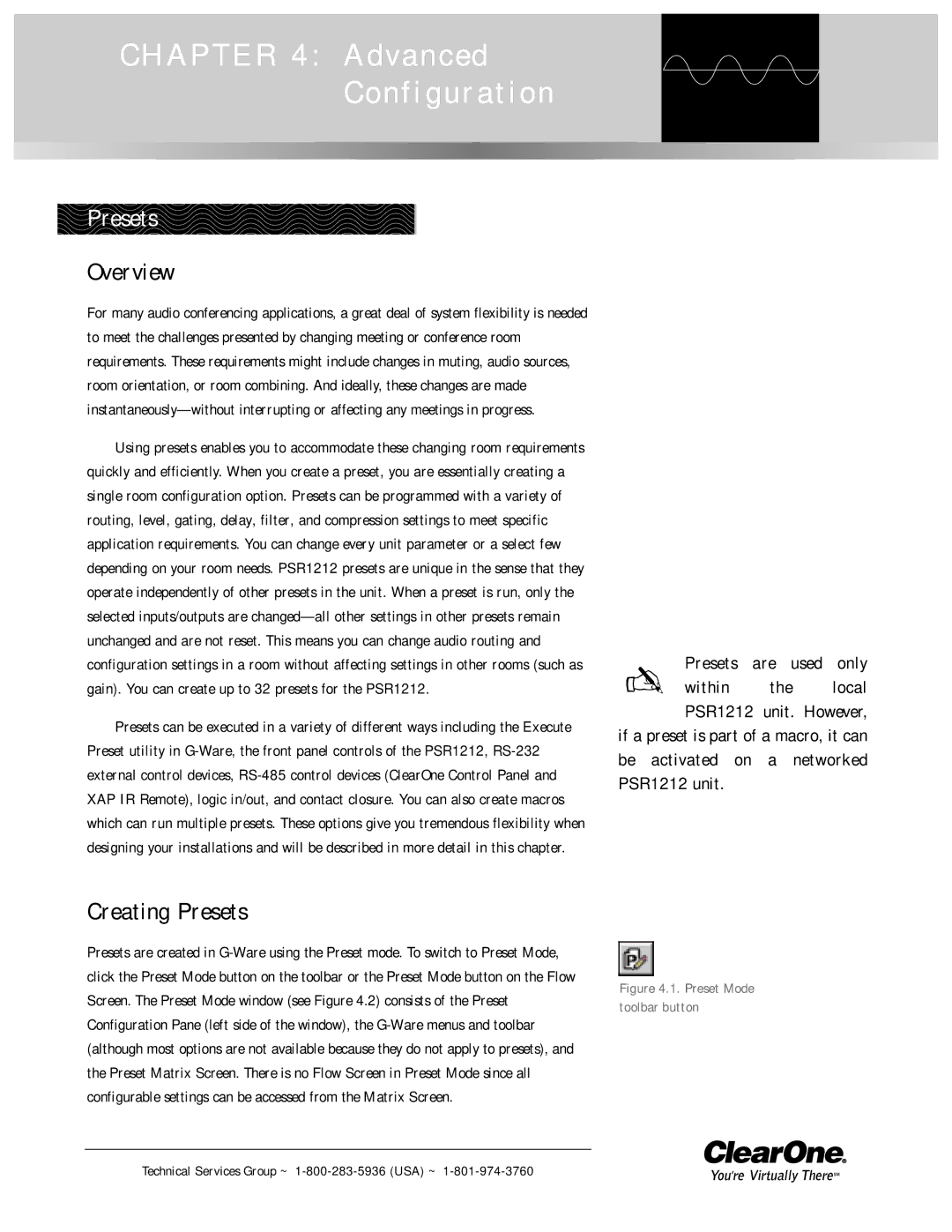 ClearOne comm PSR1212 operation manual Overview, Creating Presets 