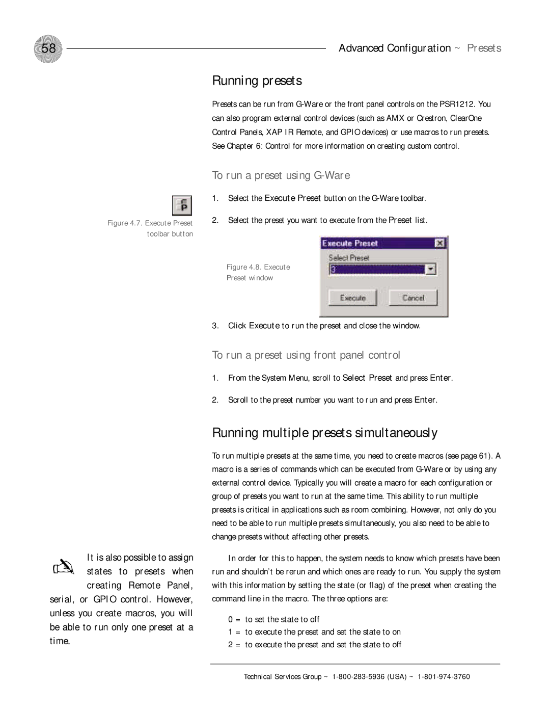 ClearOne comm PSR1212 Running presets, Running multiple presets simultaneously, To run a preset using G-Ware, Presets 