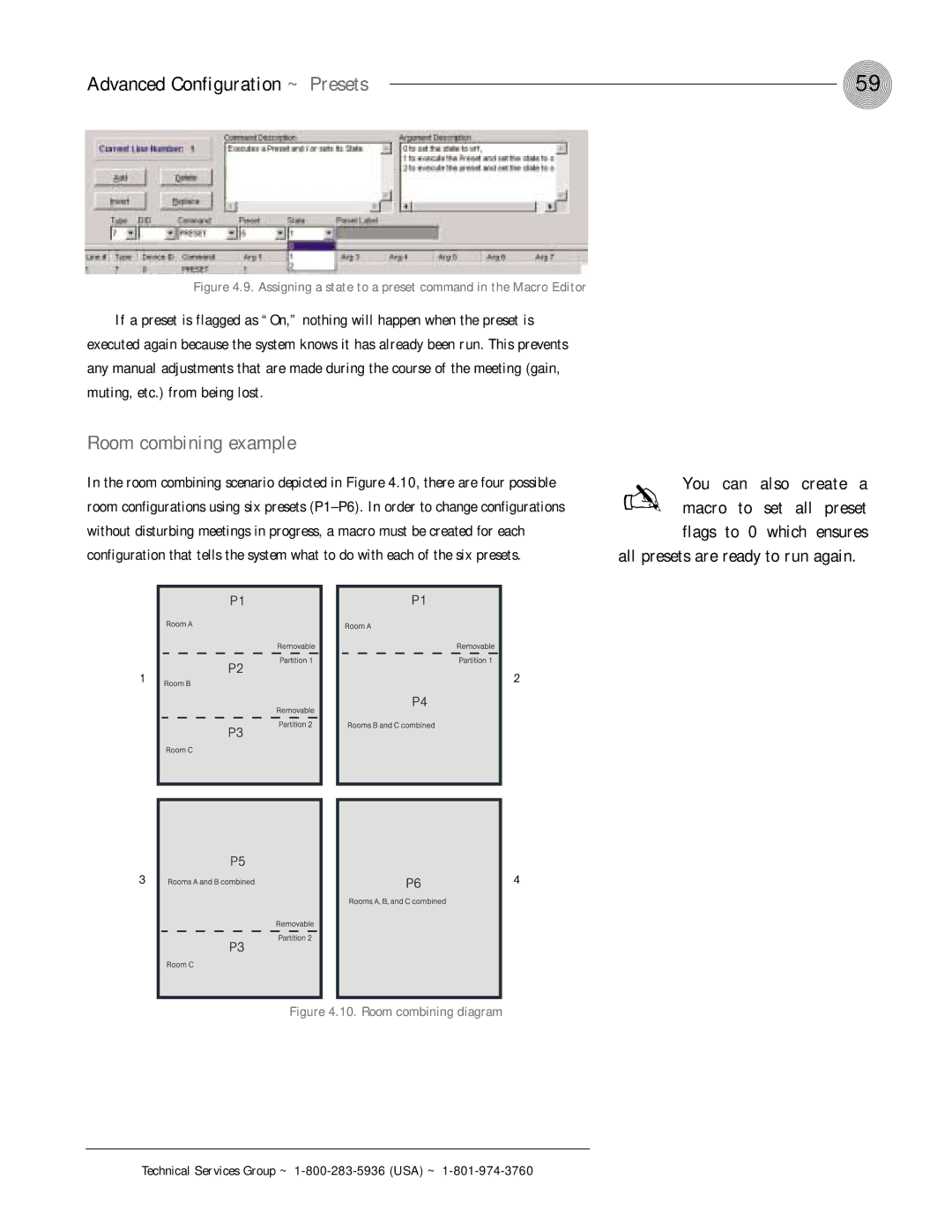 ClearOne comm PSR1212 operation manual Room combining example, All presets are ready to run again 