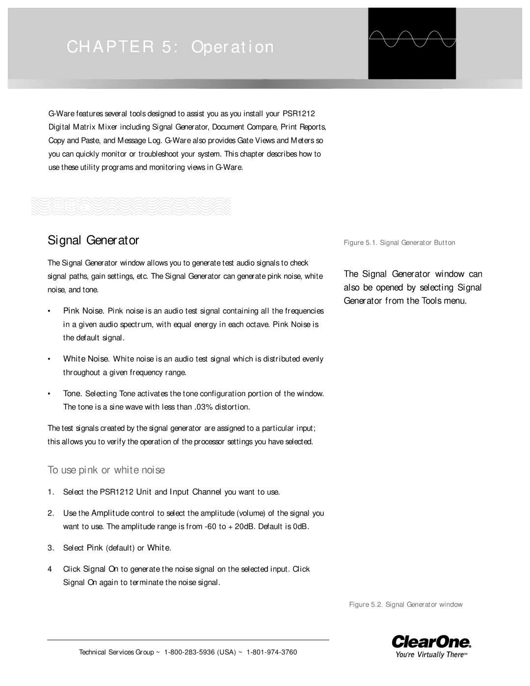 ClearOne comm PSR1212 operation manual Utilities, Signal Generator, To use pink or white noise 