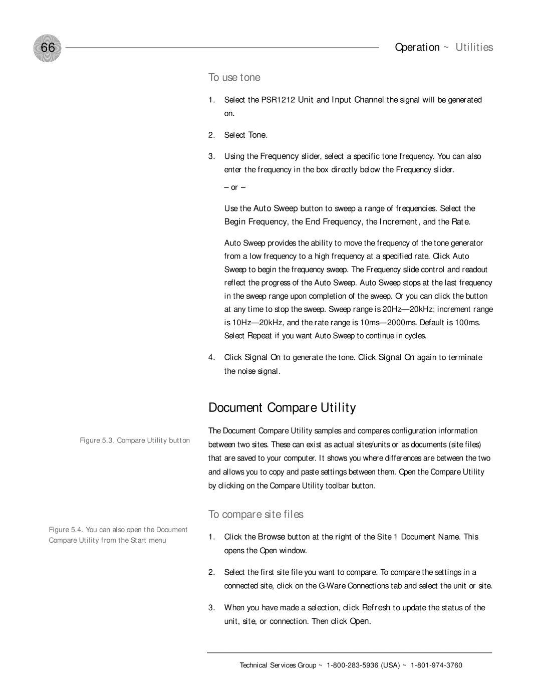 ClearOne comm PSR1212 operation manual Document Compare Utility, To use tone, To compare site files 