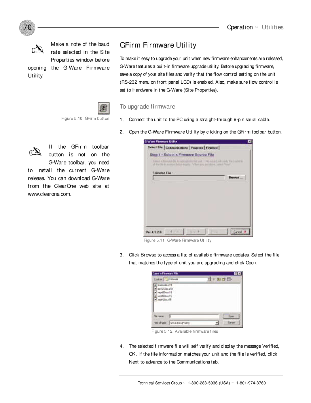 ClearOne comm PSR1212 operation manual GFirm Firmware Utility, To upgrade firmware, Toolbar, Button 