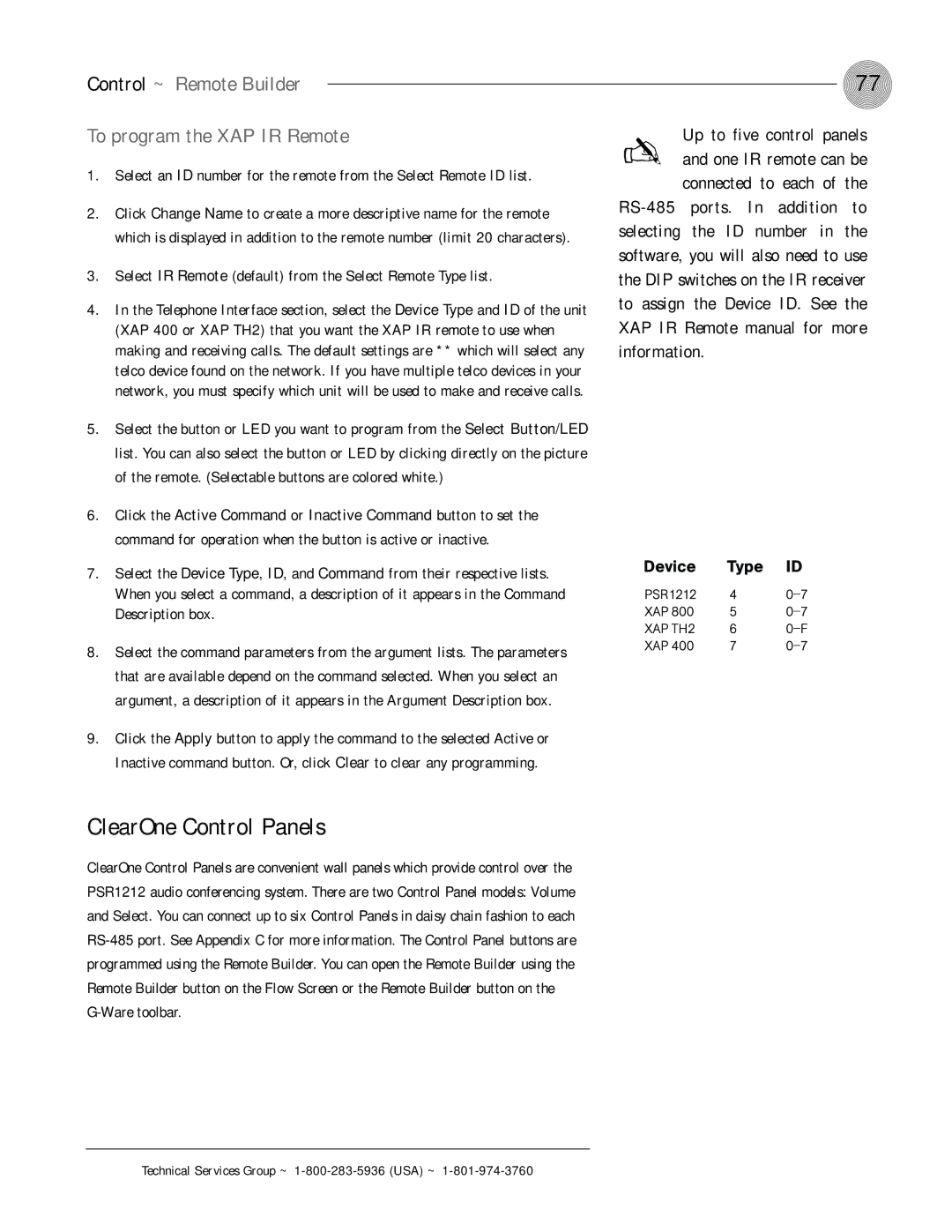 ClearOne comm PSR1212 operation manual ClearOne Control Panels, Control ~ Remote Builder To program the XAP IR Remote 