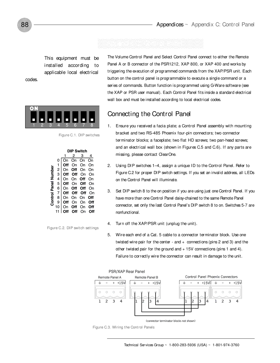 ClearOne comm PSR1212 operation manual Appendix C Control Panel, Connecting the Control Panel 