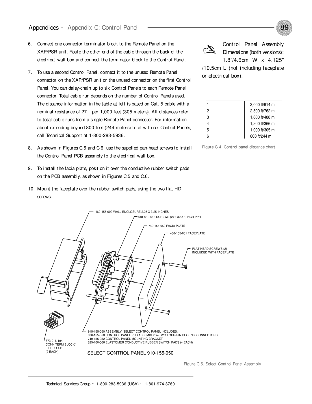 ClearOne comm PSR1212 operation manual Appendices ~ Appendix C Control Panel, 800 ft/244 m 