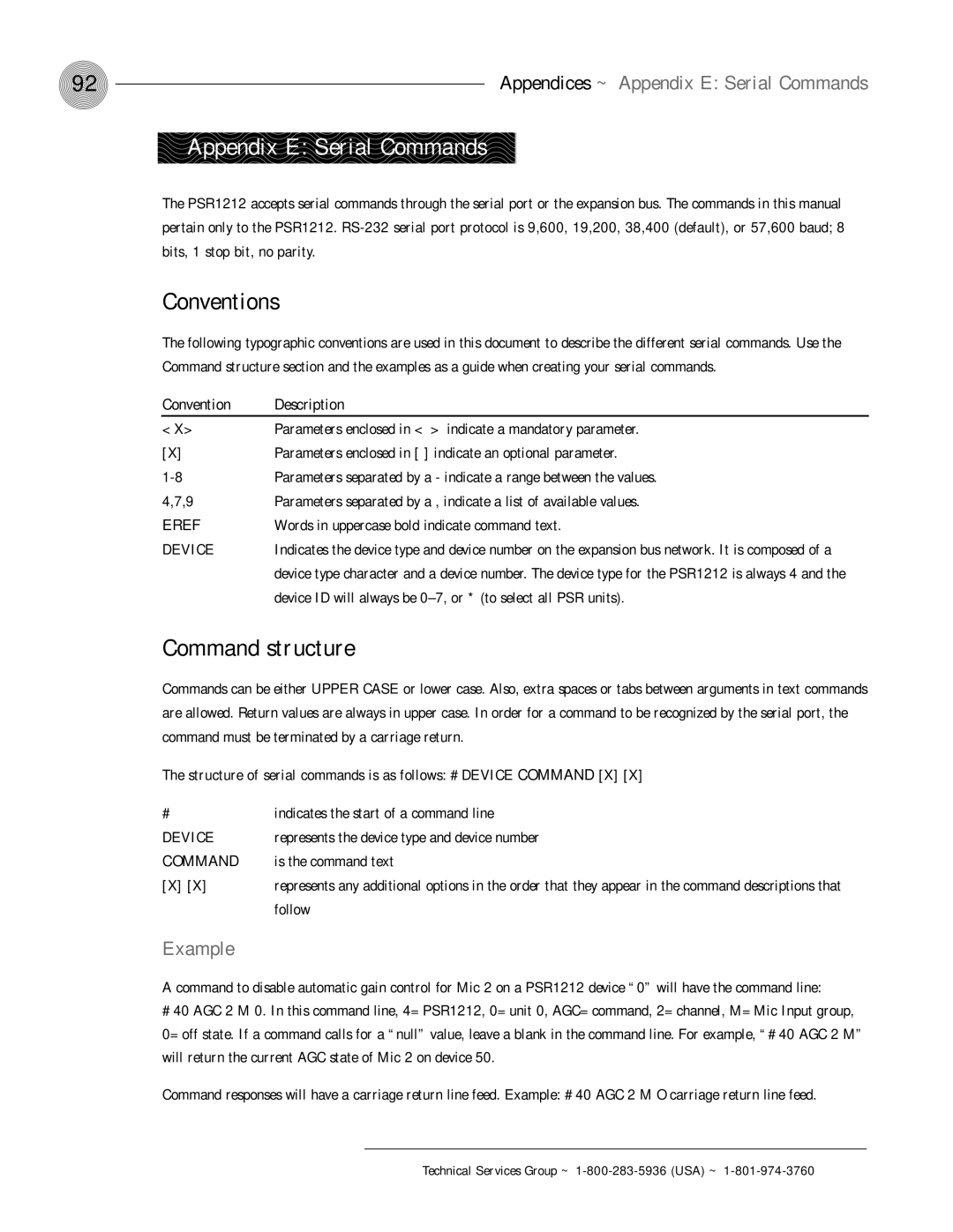 ClearOne comm PSR1212 Appendix E Serial Commands, Conventions, Command structure, Example, Convention Description 