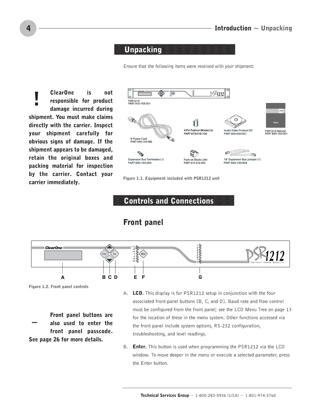 ClearOne comm PSR1212 operation manual Unpacking, Controls and Connections, Front panel 