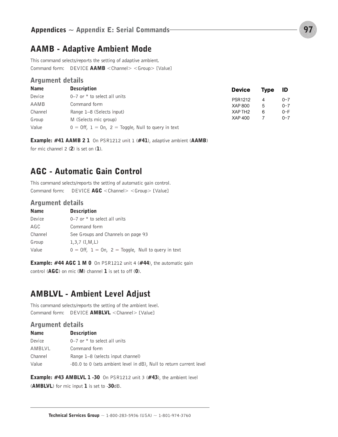 ClearOne comm PSR1212 operation manual Aamb Adaptive Ambient Mode, AGC Automatic Gain Control, Amblvl Ambient Level Adjust 