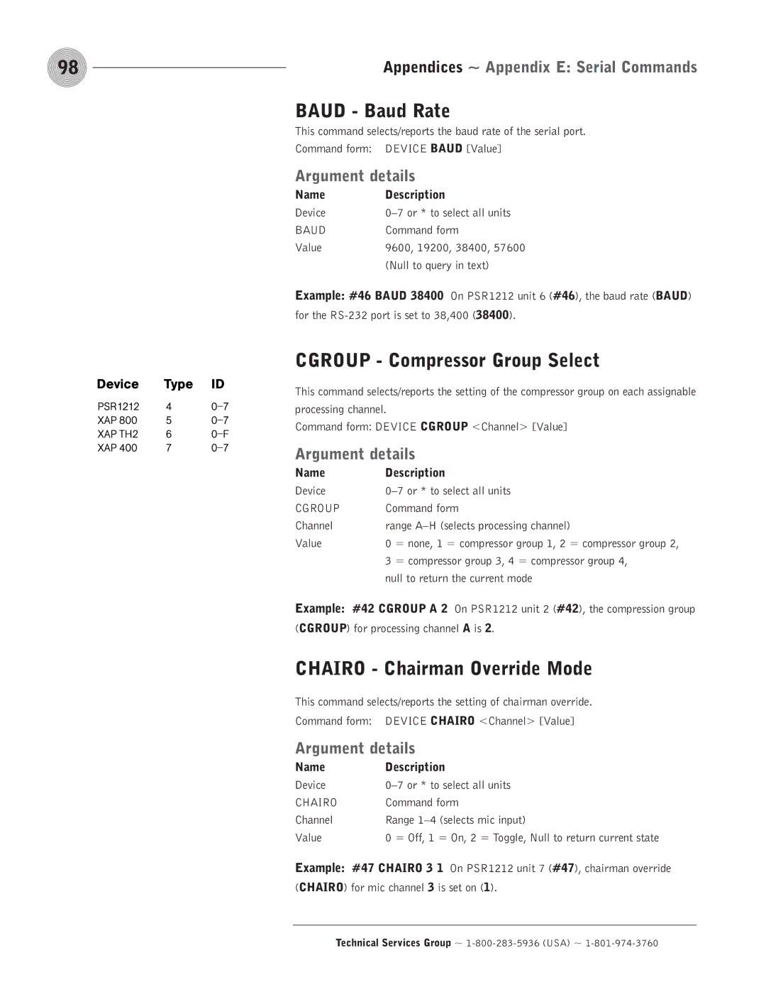 ClearOne comm PSR1212 operation manual Baud Baud Rate, Cgroup Compressor Group Select, Chairo Chairman Override Mode 