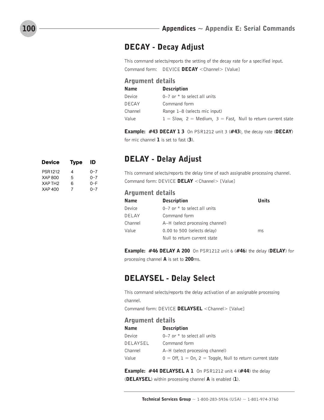 ClearOne comm PSR1212 operation manual 100, Decay Decay Adjust, Delay Delay Adjust, Delaysel Delay Select 