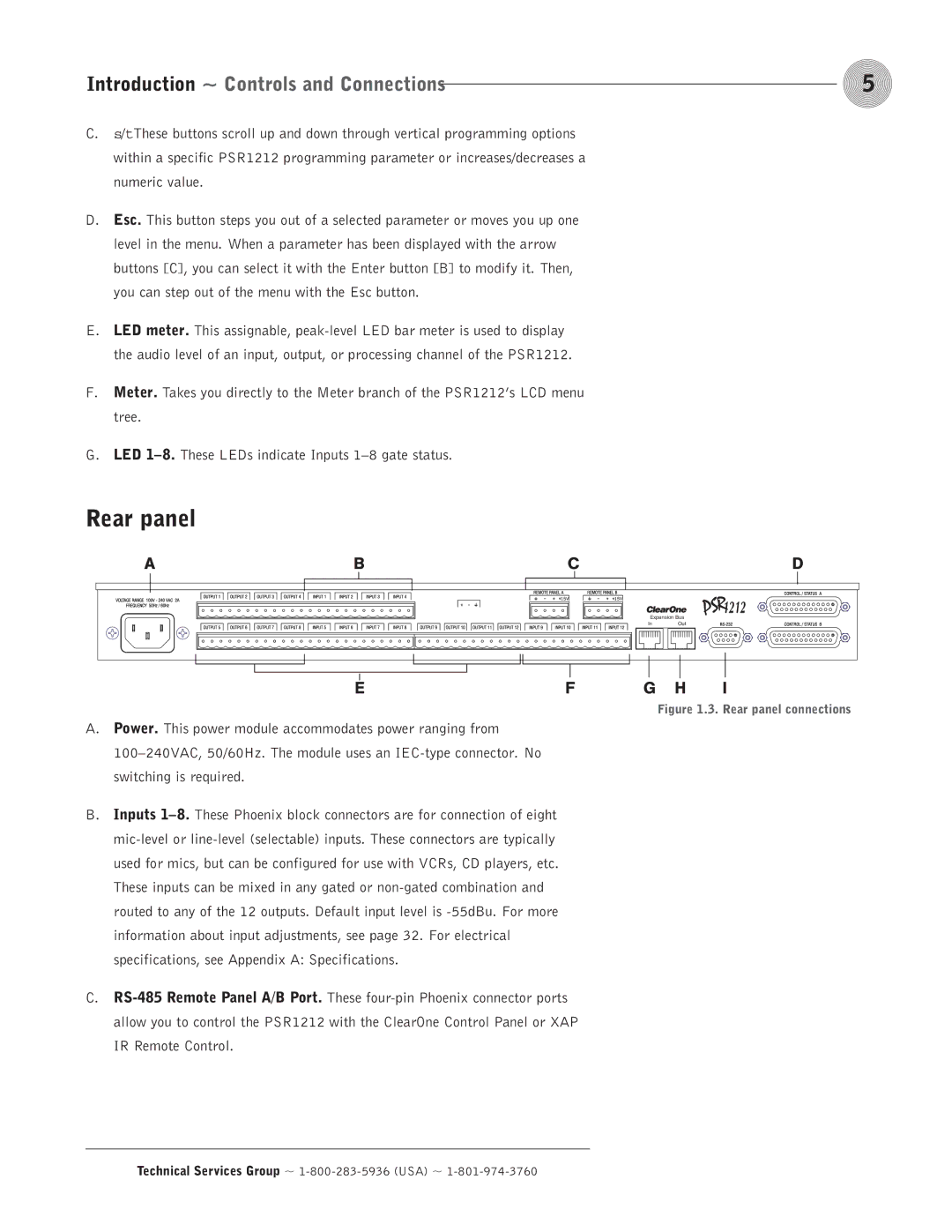 ClearOne comm PSR1212 operation manual Rear panel, Introduction ~ Controls and Connections 