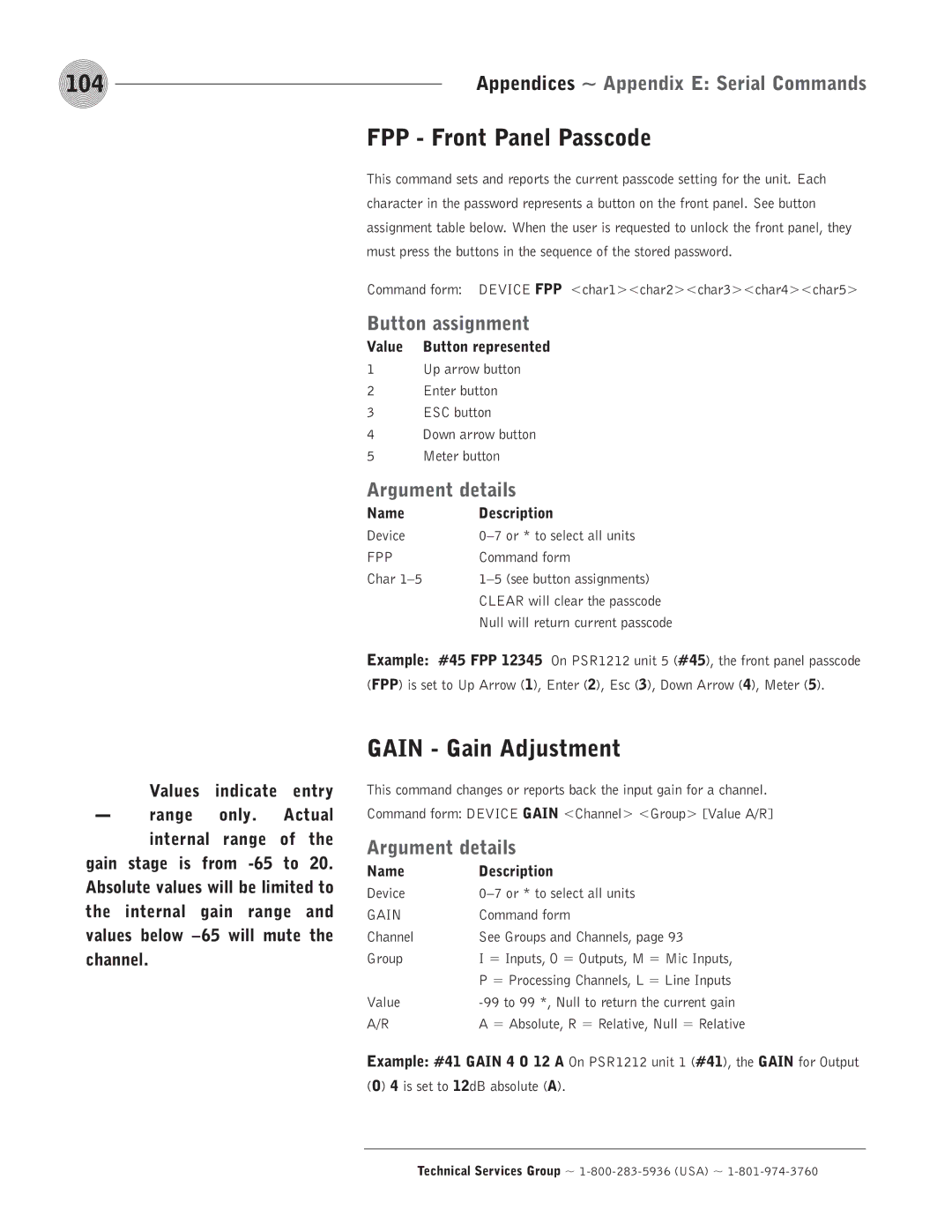 ClearOne comm PSR1212 operation manual 104, FPP Front Panel Passcode, Gain Gain Adjustment, Button assignment 