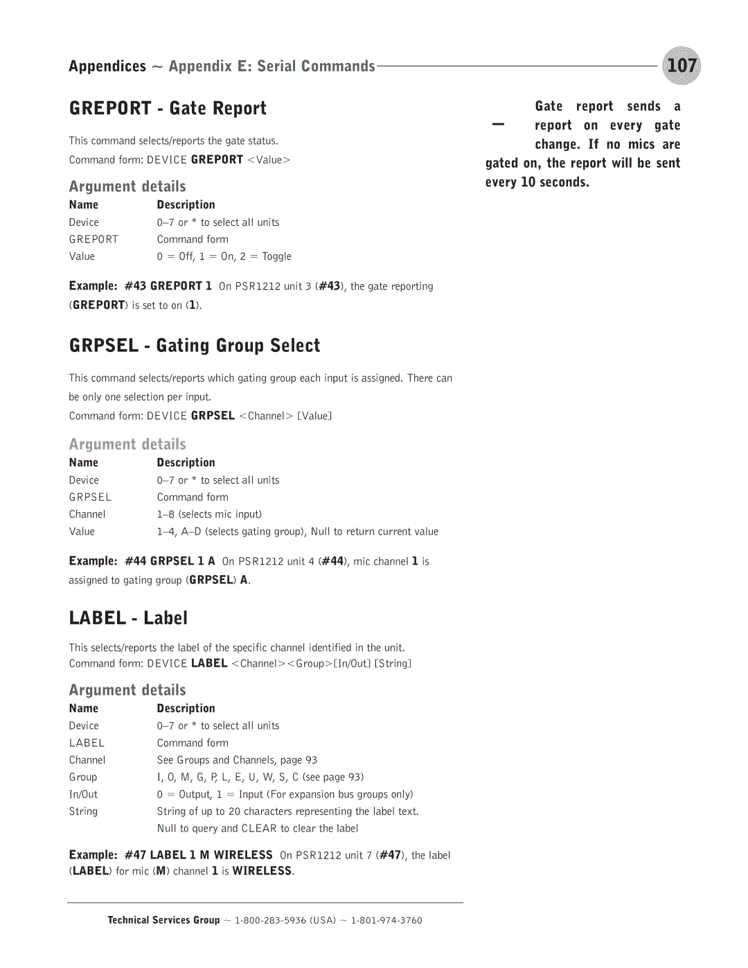 ClearOne comm PSR1212 operation manual Greport Gate Report, Grpsel Gating Group Select, Label Label, 107, Sends 