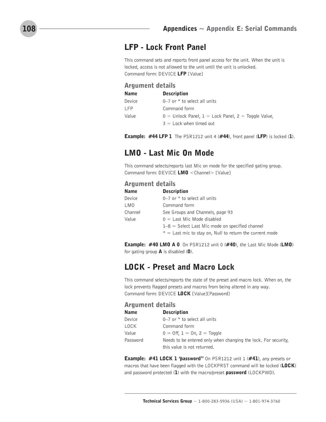 ClearOne comm PSR1212 operation manual 108, LFP Lock Front Panel, LMO Last Mic On Mode, Lock Preset and Macro Lock 