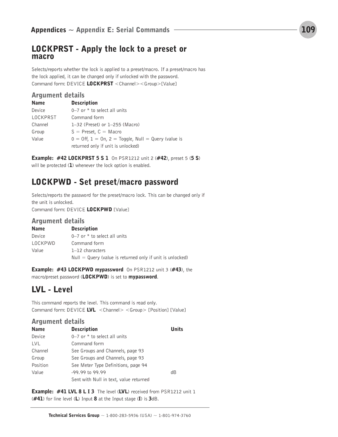 ClearOne comm PSR1212 109, Lockprst Apply the lock to a preset or macro, Lockpwd Set preset/macro password, LVL Level 