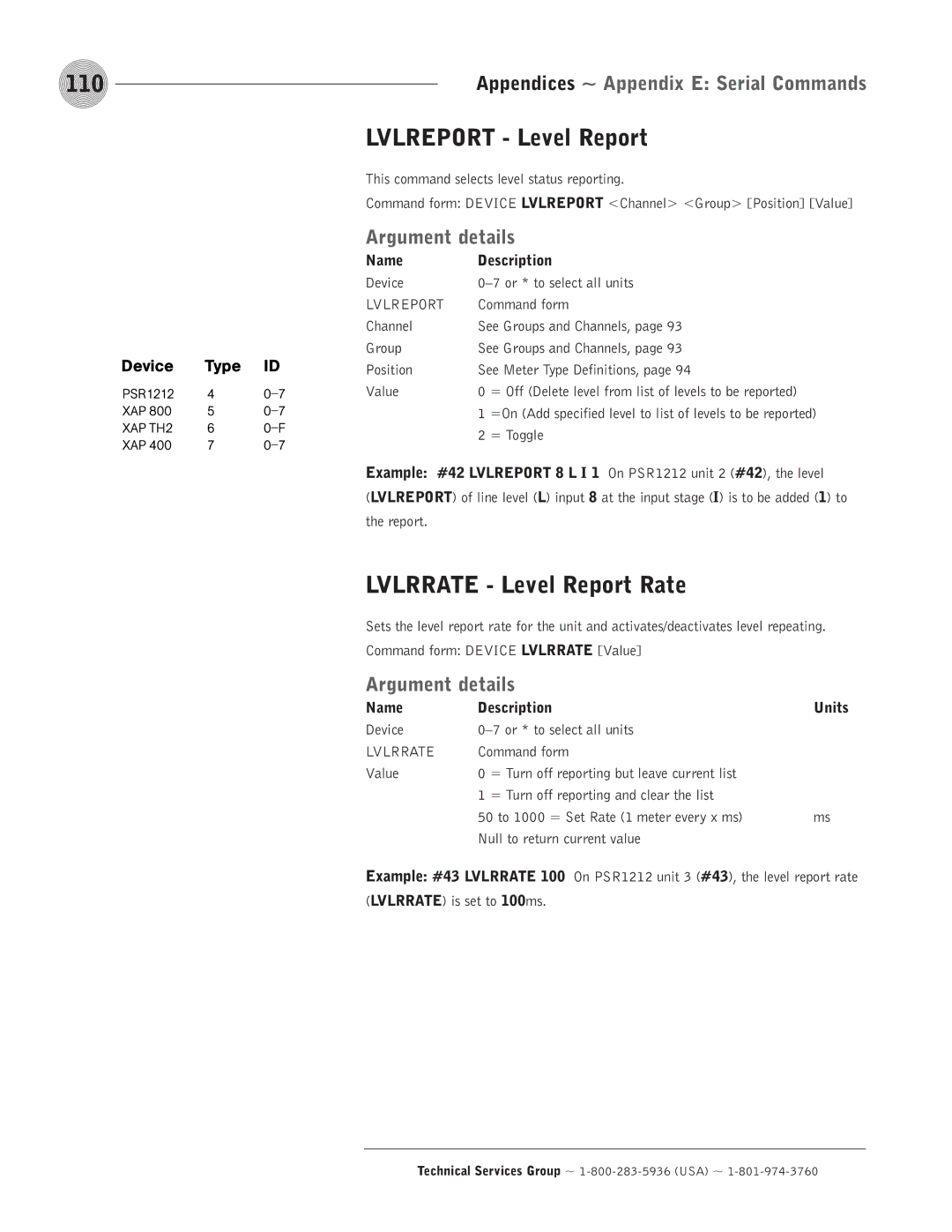 ClearOne comm PSR1212 operation manual 110, Lvlreport Level Report, Lvlrrate Level Report Rate, = Toggle 