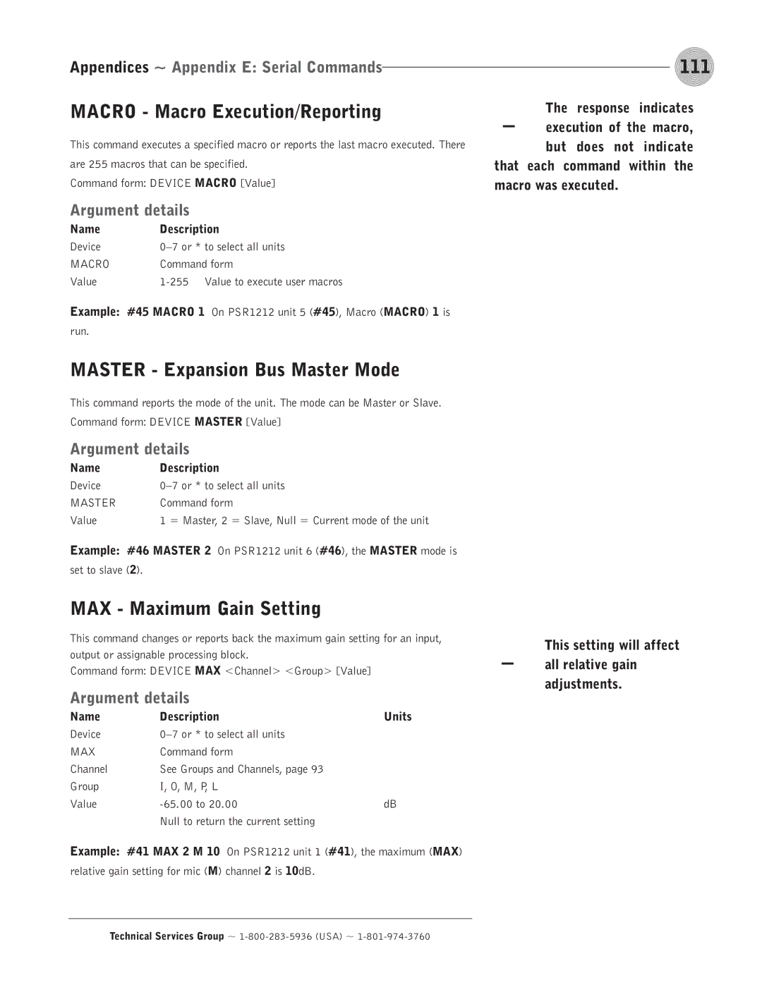 ClearOne comm PSR1212 111, Macro Macro Execution/Reporting, Master Expansion Bus Master Mode, MAX Maximum Gain Setting 