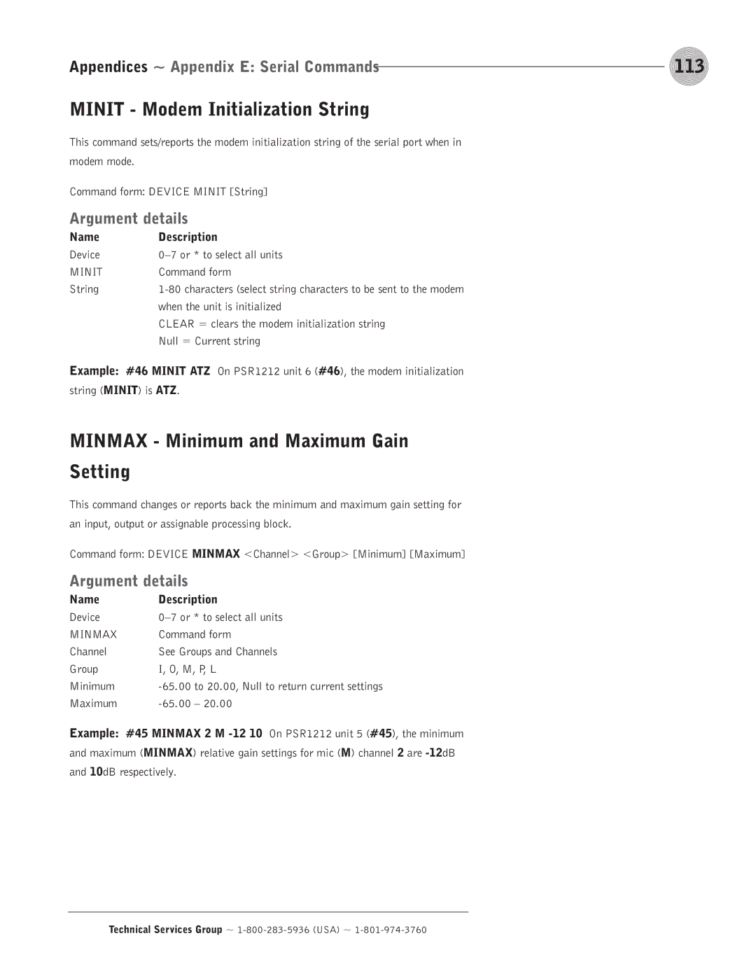 ClearOne comm PSR1212 operation manual 113, Minit Modem Initialization String, Minmax Minimum and Maximum Gain Setting 