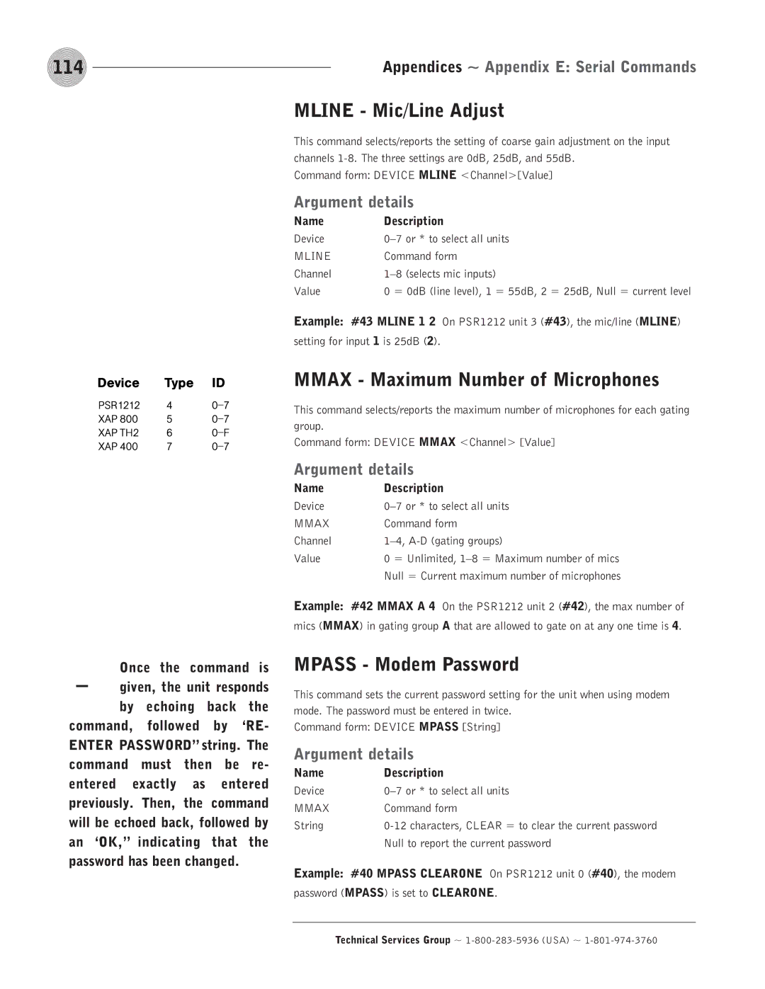 ClearOne comm PSR1212 operation manual 114, Mline Mic/Line Adjust, Mmax Maximum Number of Microphones, Mpass Modem Password 